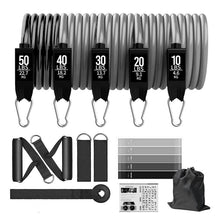 Load image into Gallery viewer, Workout Bands (Set of 5),  Rubber Bands (Set of 5),  2 x Ankle Straps,  2 x Foam Handles,  1 x Door Anchor  1 x Travel Bag, Instructions For Use
